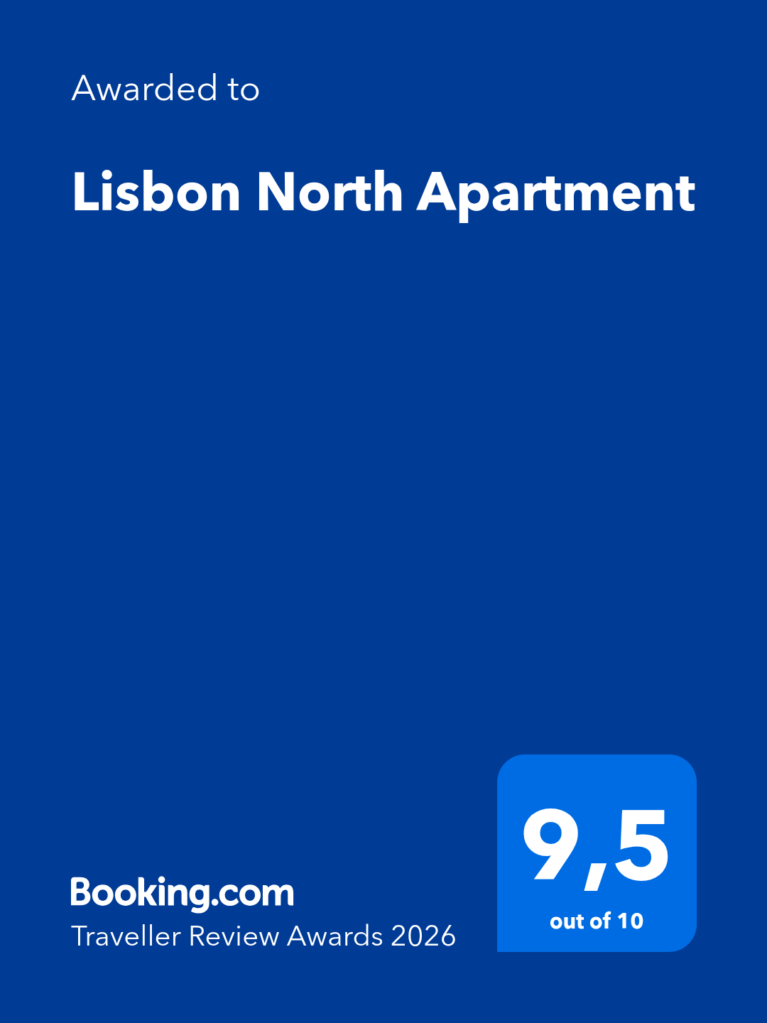Booking.com Traveller Review Awards 2026 — Lisbon North Apartment — 9.5 out of 10