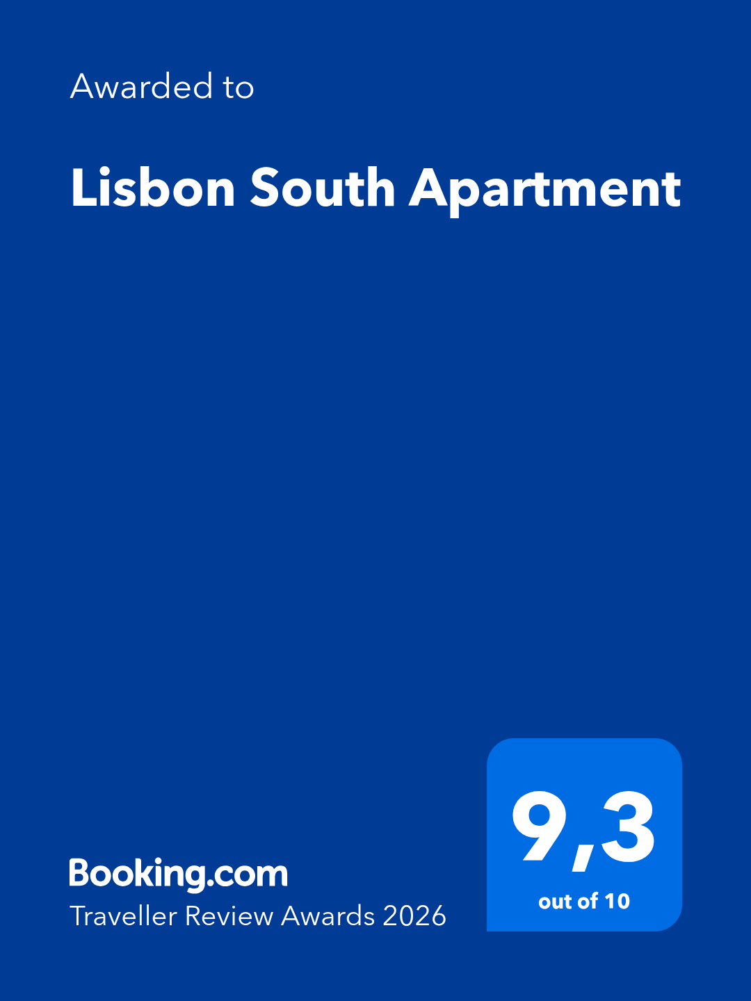 Booking.com Traveller Review Awards 2026 — Lisbon South Apartment — 9.3 out of 10